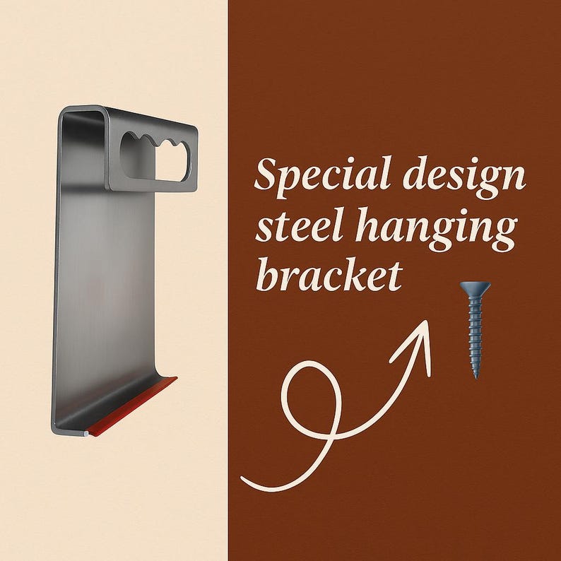 Może przedstawiać: Stalowy wspornik do zawieszania o specjalnym designie, o zakrzywionym kształcie i czerwonym akcencie na dole. Wyświetlany jest tekst "Special design steel hanging bracket". Pokazano r&oacute;wnież niebieską śrubę.