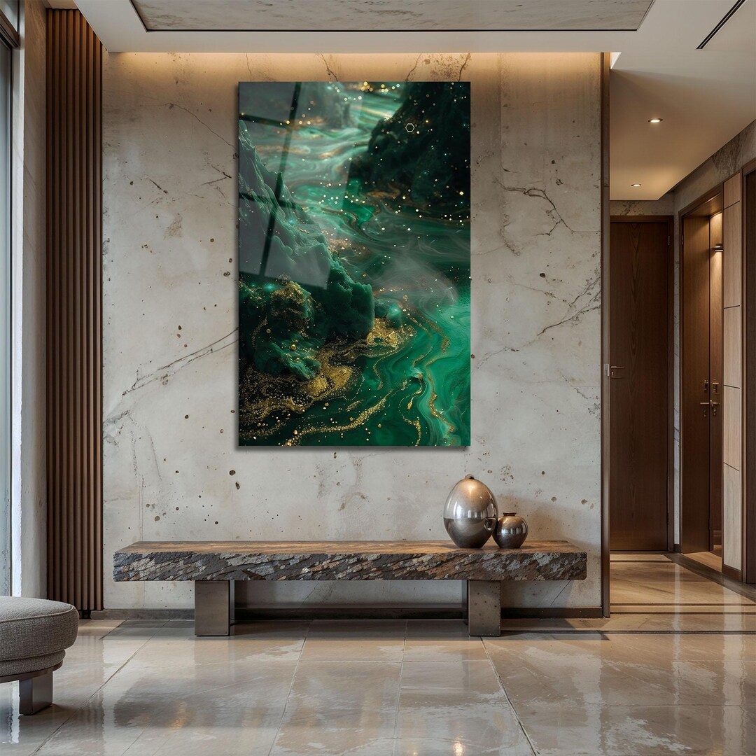 Emerald Green Agate Tempered Glass Wall Art | Gold Marble Abstract ...