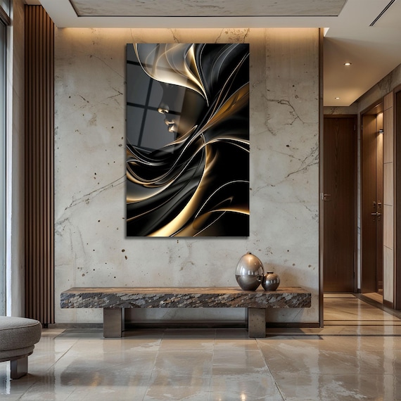 Abstract Woman Silhouette Tempered Glass Wall Panel Black Gold Luxury