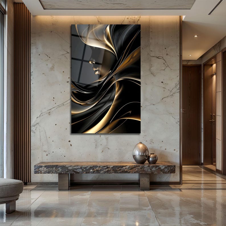 Abstract woman silhouette in black and gold tones, luxury tempered glass wall art with modern fluid design