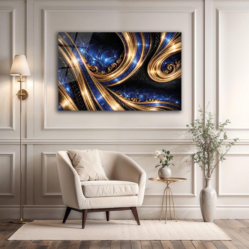 Tempered Glass Wall Art, Blue Gold Abstract Metallic Decor Panel ...