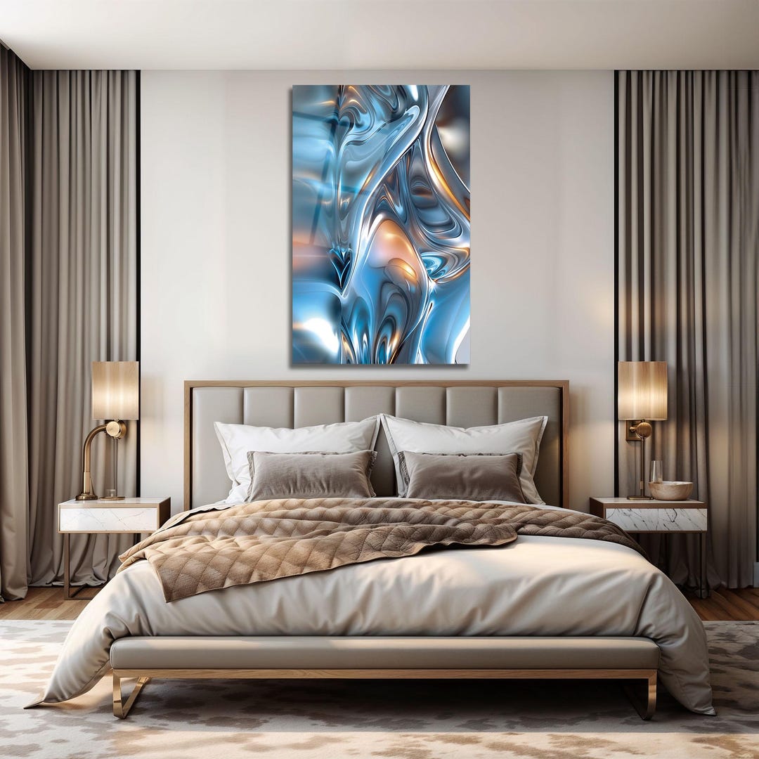 Contemporary Tempered Glass Wall Art - Blue Silver Abstract Design - Etsy