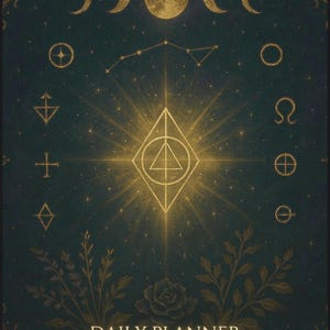May include: A dark green daily planner with gold celestial and botanical illustrations. The cover features phases of the moon, constellations, and geometric symbols. The words "DAILY PLANNER" are printed in white.