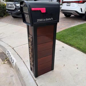 Black & Wood Modern Mailbox with Vertical Metal House Numbers | Locking Outdoor Post Box for Driveway and Front Yard