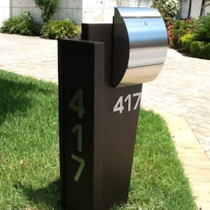 Modern Black & Stainless Steel Mailbox with Large Vertical House Numbers | Contemporary Locking Outdoor Post Box