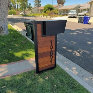 Modern Wood & Black Mailbox with Vertical House Numbers | Locking Outdoor Post Box for Driveway and Yard