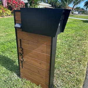 Modern Wood & Metal Mailbox with House Numbers | Custom Outdoor Mail Box Post | Contemporary Address Plaque