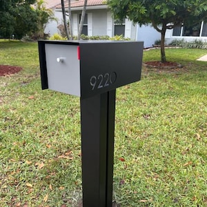 Modern Black Metal Mailbox with Custom House Numbers | Weatherproof Outdoor Post Box | Contemporary Driveway Mailbox