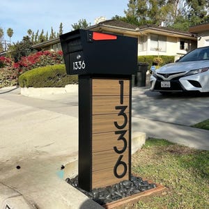 Modern White & Wood Panel Mailbox with Vertical House Numbers | Contemporary Outdoor Post Box for Driveway and Front Yard