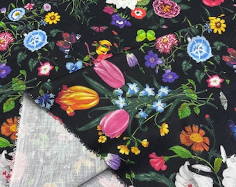 Italian Colorful Floral Linen Fabric by the Yard:Dress-Shirt-Blouse(Wide 150 cm/59 in)