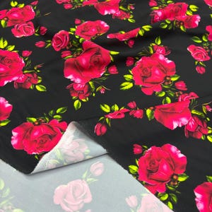 Italian Pink Rose Design Silky Satin Fabric, Floral Fabric by the Yard for Dresses-Blouses-Skirts-Scarves-Sewing(Wide 150 cm/1.64 yd/58 in)