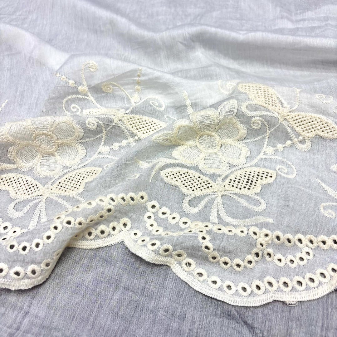 Ecru Embroidered Eyelet Silk & Cotton Blend Fabric for Dresses-blouses ...