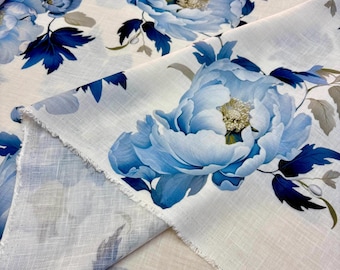 Tessuto di lino floreale blu: abiti fai da te - tessuti per la casa (150 cm/1,64 yd/59 pollici)