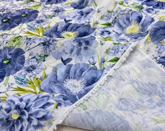 Tessuto di lino floreale blu italiano: abito-camicia-blusa (larghezza 150 cm/59 pollici)