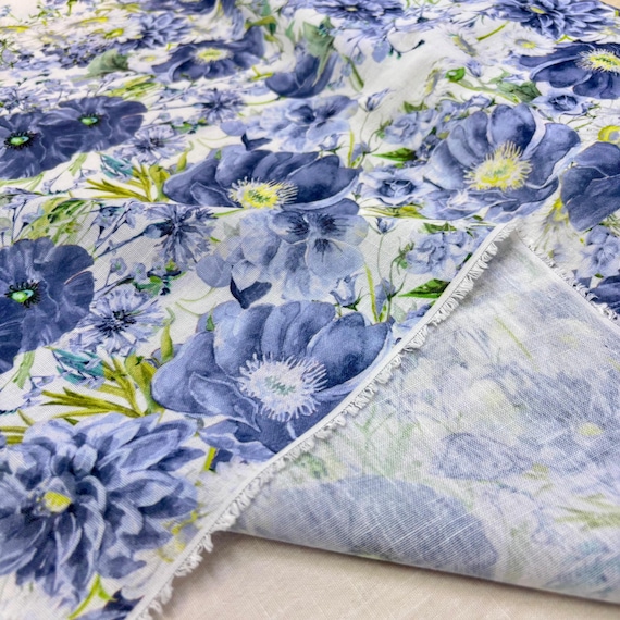 Italian Blue Floral Linen Fabric:dress-shirt-blouse(wide 150 Cm/59 In) -  Etsy