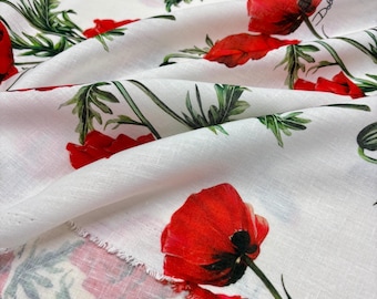 Italian Red Floral Linen Fabric:Dresses &Home Textile(Wide 150 cm/59 in)