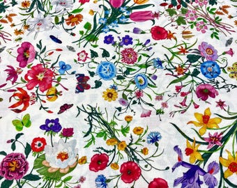 Floral Linen Fabric: Italian Colorful Print-Dress-Shirt-Blouse(Wide 150 cm/59 in)
