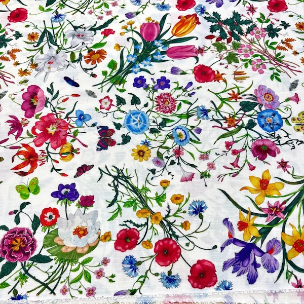 Floral Linen Fabric: Italian Colorful Print-Dress-Shirt-Blouse(Wide 150 cm/59 in)