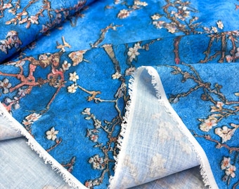 Tessuto di lino con fiori italiani blu: abiti e tessuti per la casa (150 cm/1,64 yd/59 pollici)