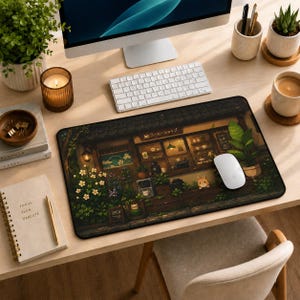 May include: A rectangular mousepad featuring an illustrated coffee shop scene with flowers, plants, and a small bunny. The mousepad has a dark background and the text "コーヒーショップ" is visible. A white mouse sits on the pad.