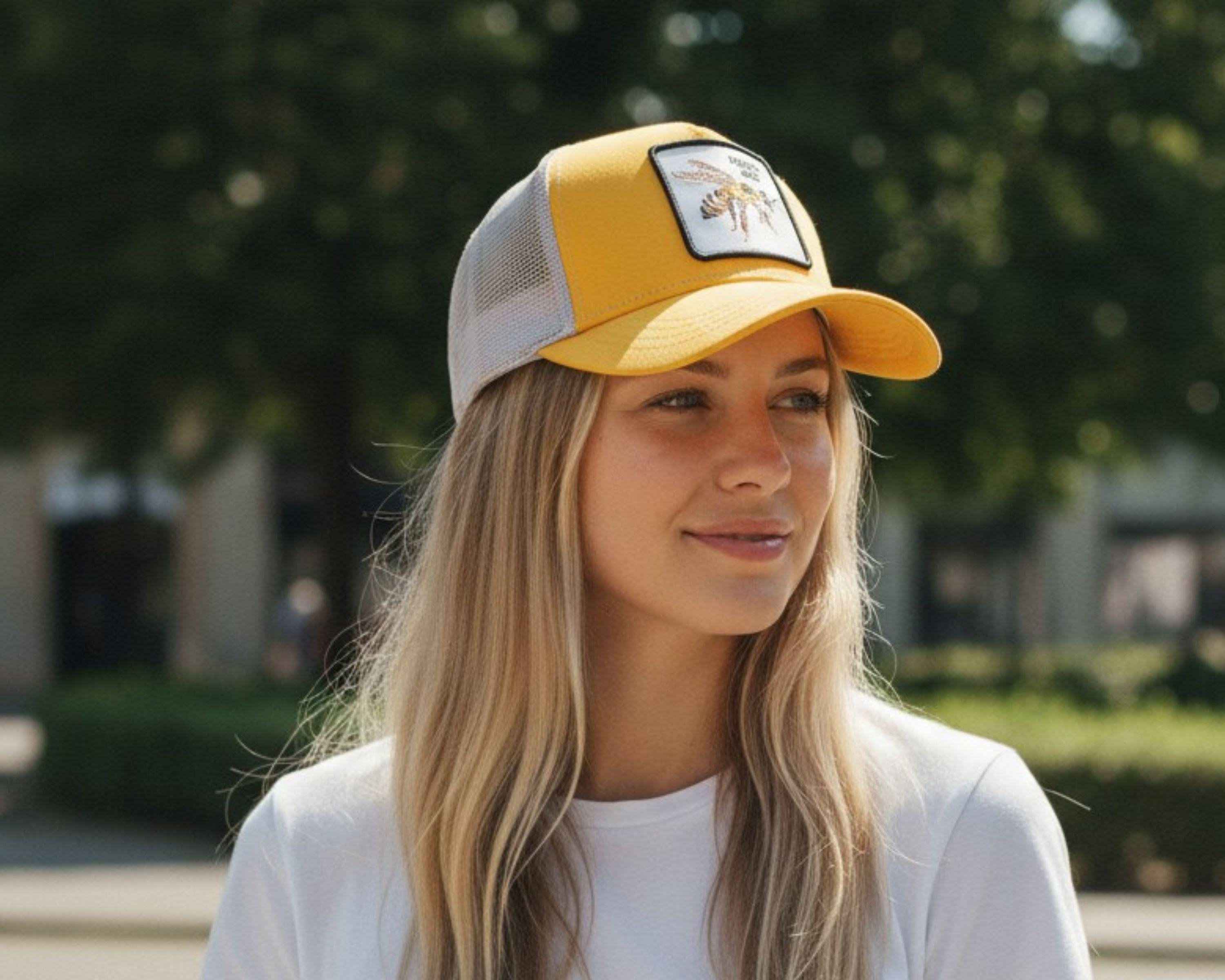 Bee Trucker Hat – Embroidered Bee Patch Cap, Yellow Mesh Snapback ...
