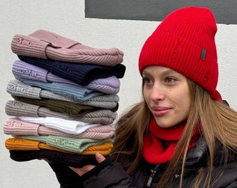 Rippstrick Mütze & Schal Set aus Wollmischung – Fleecegefüttertes Winterset