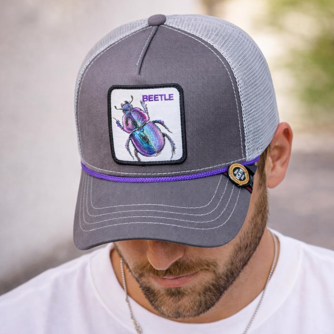 Gray Beetle Trucker Hat, Adjustable Mesh Snapback, Embroidered Animal ...