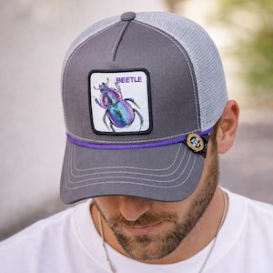 Gray Beetle Trucker Hat,  Adjustable Mesh Snapback, Embroidered Animal Cap