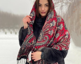 Ethnic Ukrainian Wool Shawl with Fringe – Boho Folk Floral Scarf, Slavic Babushka Shawl, Gift for Her MADE IN UKRAINE