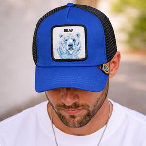 Blue Bear Trucker Hat – Embroidered Bear Patch Cap, Mesh Snapback Outdoor Hat, Gift for Him