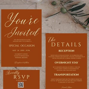 May include: A set of wedding invitations with a burnt orange background and elegant gold script. The invitation suite includes an invitation, details card, and RSVP card. The text reads "You're Invited" and event details.