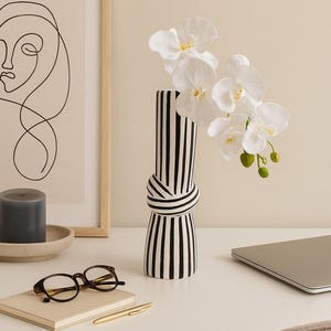 Modern Black and White Striped Ceramic Vase with Knot – Unique Minimalist Home Decor for Living Room or Office