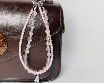 Luxury Phone Strap | Pink Iridescent Double Layer |  Baroque Pearl & Aurora Crystal Beads | Wristlet/Bag Accessory | Premium Gift for Her