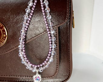Correa para teléfono / Elegante perla con cuentas de cristal / Capa iridiscente morada / Pulsera / Dije para bolso y accesorio para teléfono / Regalo para ella