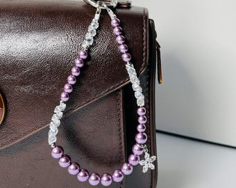 Pearl Phone Strap | Crystal Beaded Purple Lanyard with Flower Charm | Elegant Wrist for Phone/Bag | Gift for Her