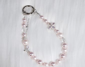 Handmade Pink Pearl Phone Chain, Crystal Beaded Phone Jewelry with Lucky Four-Leaf Clover, Elegant Pastel Pink Accessory, Valentine Gift