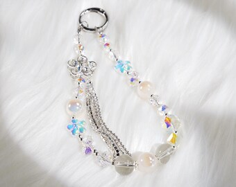 Handmade white pearl phone strap, silver flower charm with rhinestone fringe, crystal fairycore phone chain, cute aesthetic gift for her
