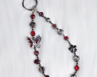 Handmade Red and Black Butterfly Phone Chain, Gothic Crystal Beaded Phone Chain with Metal Ring, Y2K Aesthetic Accessories, Valentine Gift