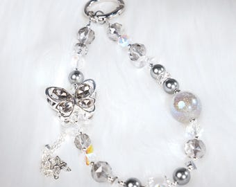 Handmade Silver Butterfly Phone Chain with White Crystal Beads, Y2K Fairycore Accessory with Metal Patch, Beaded Phone Charm, Valentine Gift