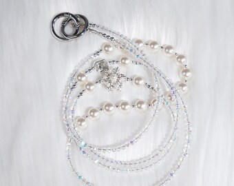 Handmade White Pearl Phone Chain, Long Crossbody Crystal Phone  with Snowflake Charm, Elegant Neck Hanging Jewelry, Anniversary Gift Her