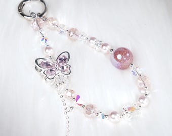 Handmade Butterfly Phone Chain with Crystal Beads, Y2K Fairycore Aesthetic Phone Charm Strap, Beaded Wristlet for, Gift for Valentine Day
