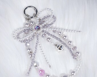 Handmade Purple Pearl Bow Phone Charm, Y2K Fairycore Crystal Bag Chain, Soft Goth Aesthetic Keychain, Lavender Beaded Strap Gift