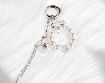 Handmade Pearl Phone Charm,Crystal Bow Phone Chain,Elegant Phone Strap,Bag Charm Keychain,Car Key Charm,Gift For Her