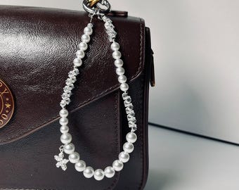 Pearl Phone Strap Beaded Lanyard with Crystal Flower Charm |  White Wrist Chain for Phone Case or Bag | Elegant Gift for Her