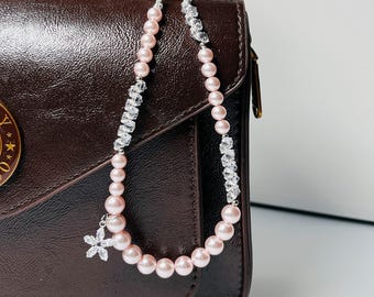 Elegant Wrist for Phone & Bag | Pearl/Crystal Pink Phone Strap | Pink Lanyard with Flower Charm | Gift for Her