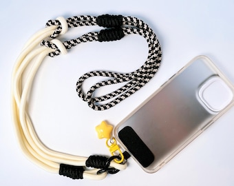 Retro Braided Phone Lanyard: Black, White & Yellow Star Crossbody Strap