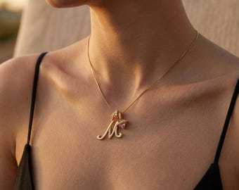 Custom Initial Necklace,Handcrafted 18K Gold,Plated Pink Heart Birthstone,Dainty Script Letter,Anniversary Jewelry,Gift for Her