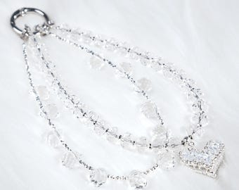 Handmade Jewelry, White Crystal Phone Charm, Silver Heart Strap, Double Layer Beaded Chain, Y2K Icy Aesthetic, Bridal Gift For Her, Lanyard