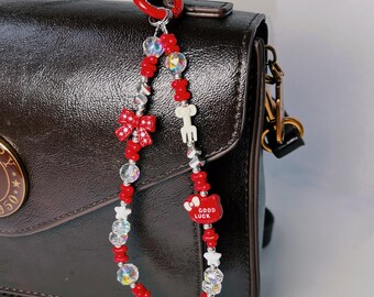 Phone Charm Strap | Beaded Christmas Bow & Crystal Accents | Red White Festive Style | Bag/Phone Keychain Accessory | Holiday Gift for Her