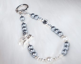 Handmade Blue Pearl Phone Chain with Silver Butterfly, Y2K Mermaidcore Aesthetic Accessory , Beaded Phone Charm, Valentine Gift